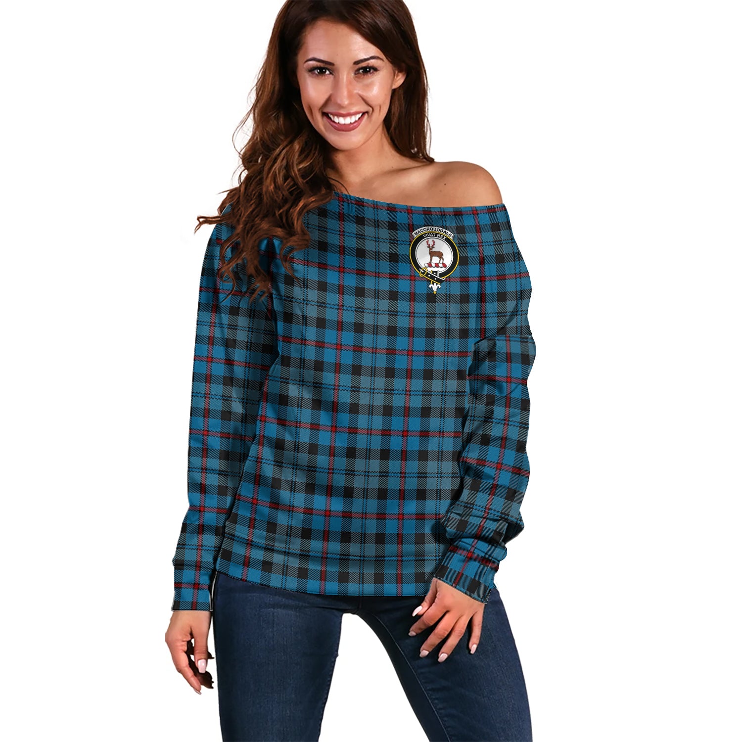 MacCorquodale Tartan Off Shoulder Women Sweater with Family Crest Women - Tartanvibesclothing