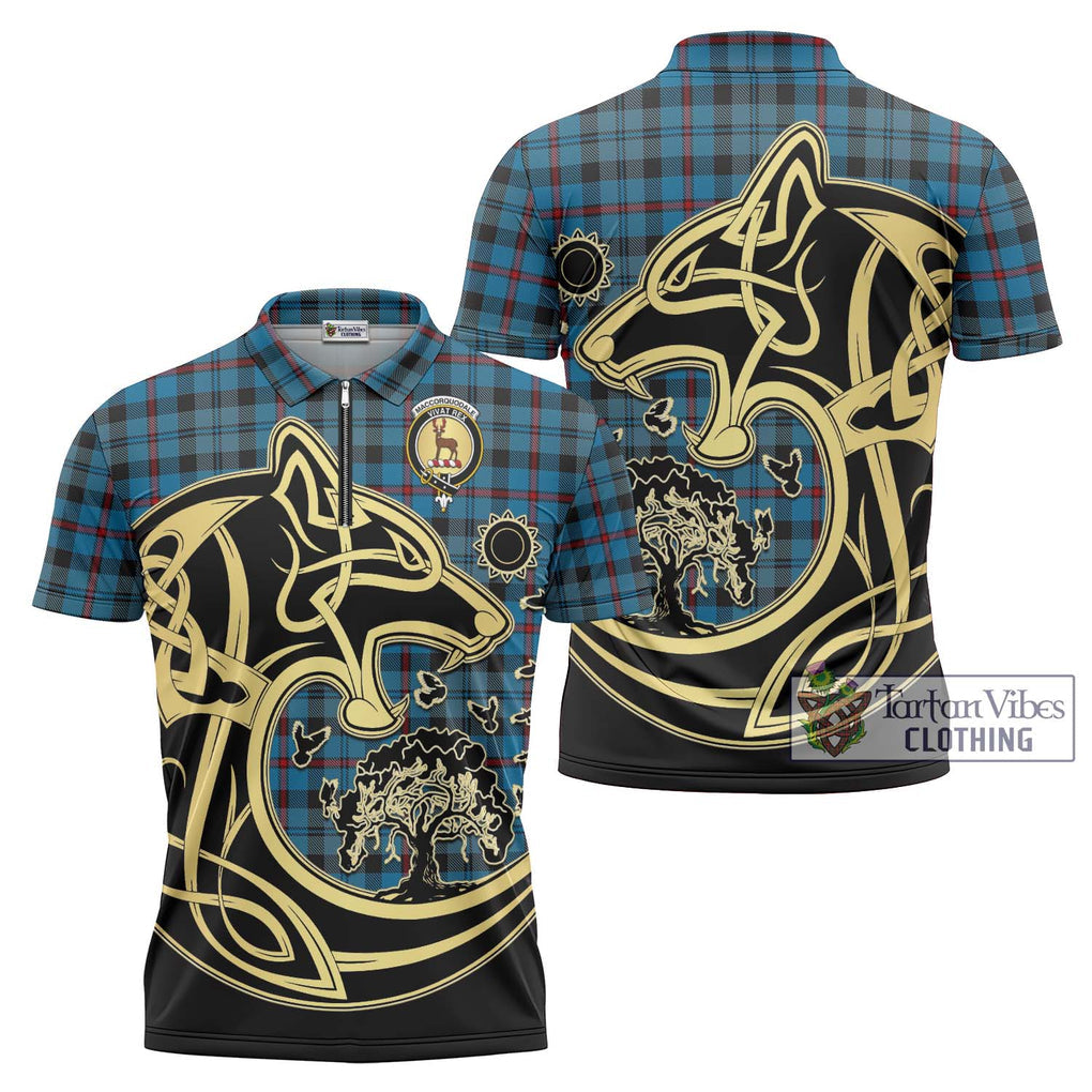 MacCorquodale (McCorquodale) Tartan Zipper Polo Shirt with Family Crest Celtic Wolf Style Unisex - Tartanvibesclothing Shop