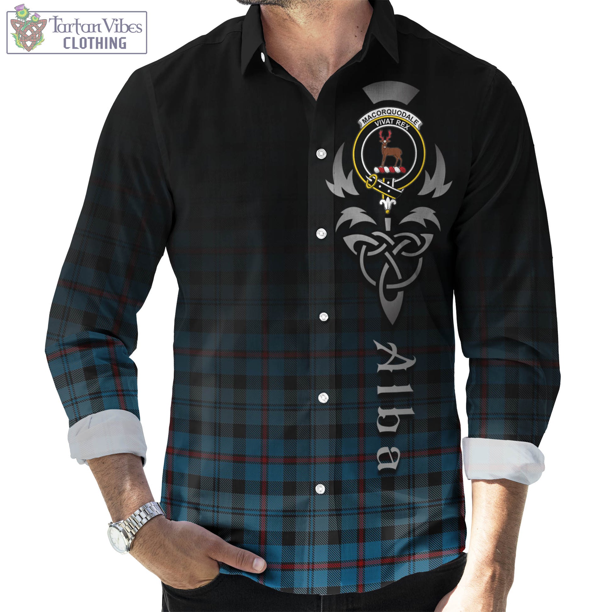 Tartan Vibes Clothing MacCorquodale Tartan Long Sleeve Button Up Featuring Alba Gu Brath Family Crest Celtic Inspired