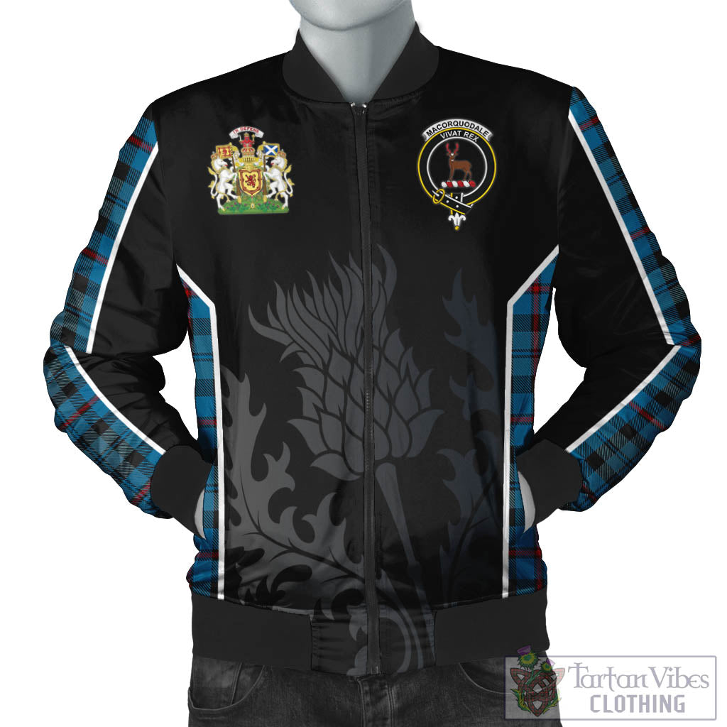 Tartan Vibes Clothing MacCorquodale Tartan Bomber Jacket with Family Crest and Scottish Thistle Vibes Sport Style