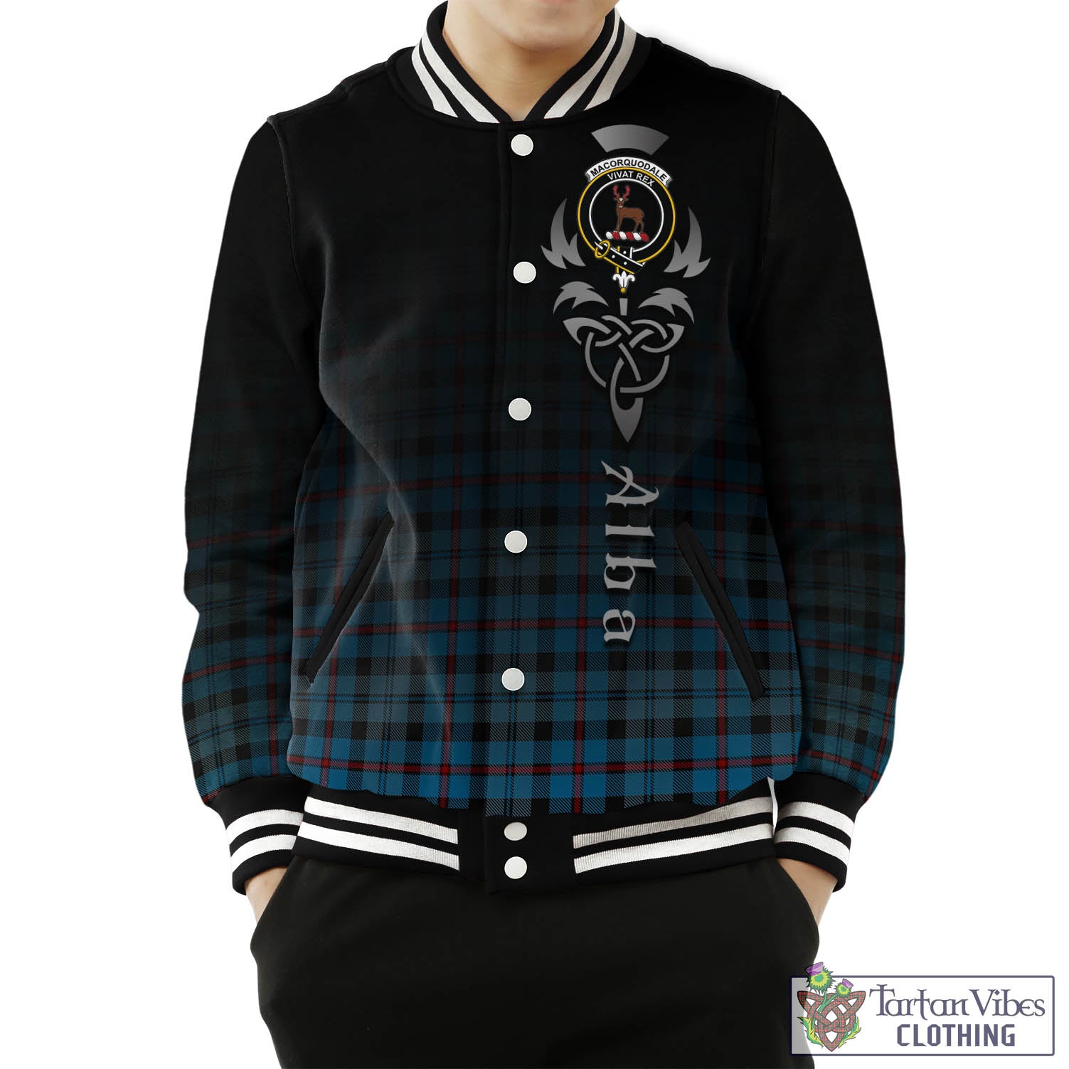 Tartan Vibes Clothing MacCorquodale Tartan Baseball Jacket Featuring Alba Gu Brath Family Crest Celtic Inspired