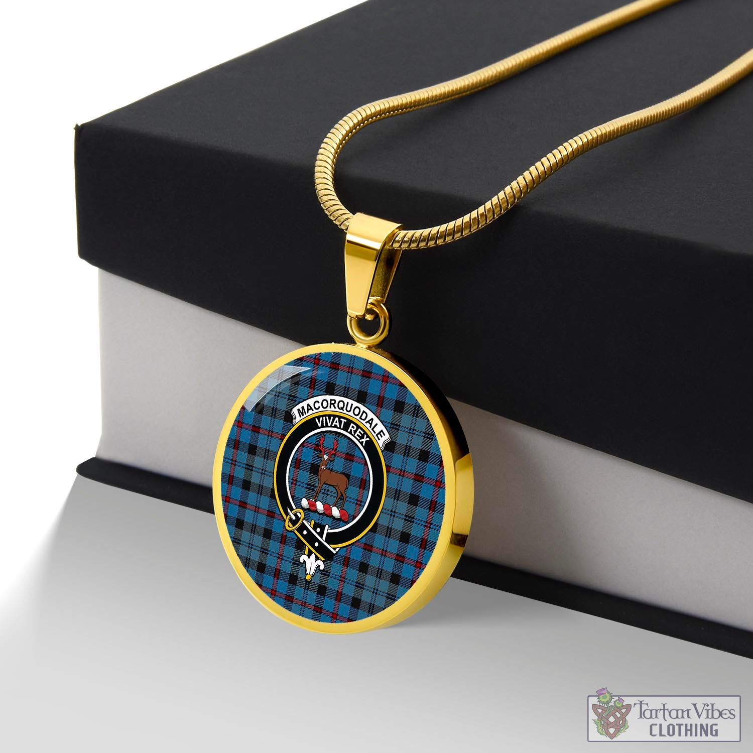 Tartan Vibes Clothing MacCorquodale Tartan Circle Necklace with Family Crest