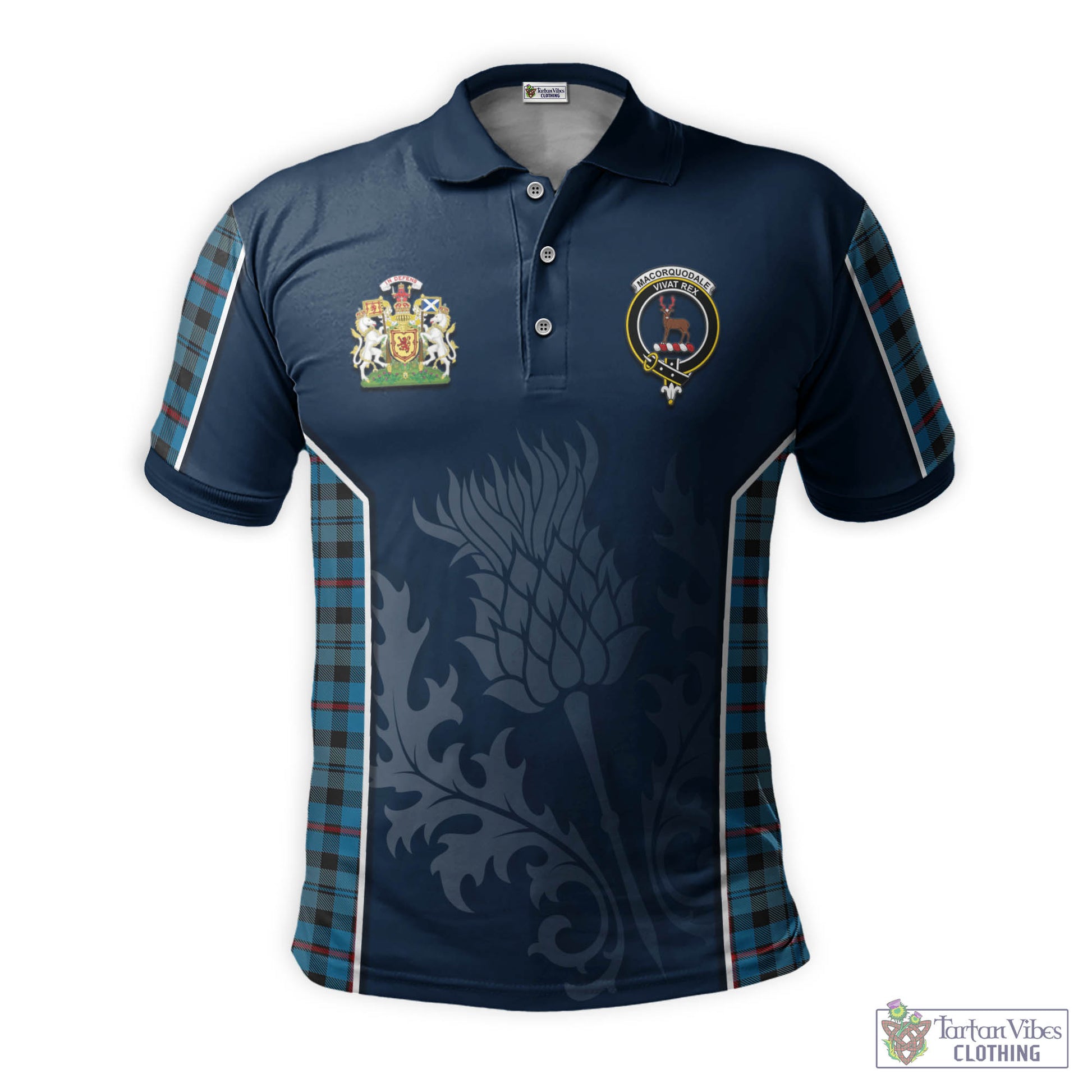 Tartan Vibes Clothing MacCorquodale Tartan Men's Polo Shirt with Family Crest and Scottish Thistle Vibes Sport Style