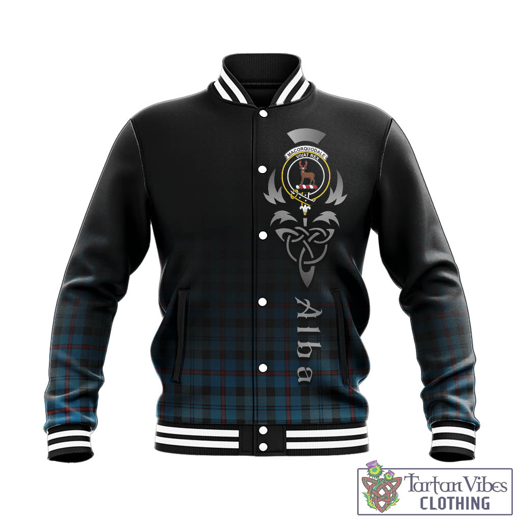 Tartan Vibes Clothing MacCorquodale Tartan Baseball Jacket Featuring Alba Gu Brath Family Crest Celtic Inspired