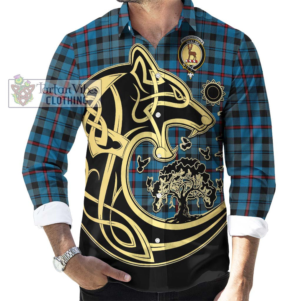 MacCorquodale (McCorquodale) Tartan Long Sleeve Button Shirt with Family Crest Celtic Wolf Style - Tartan Vibes Clothing