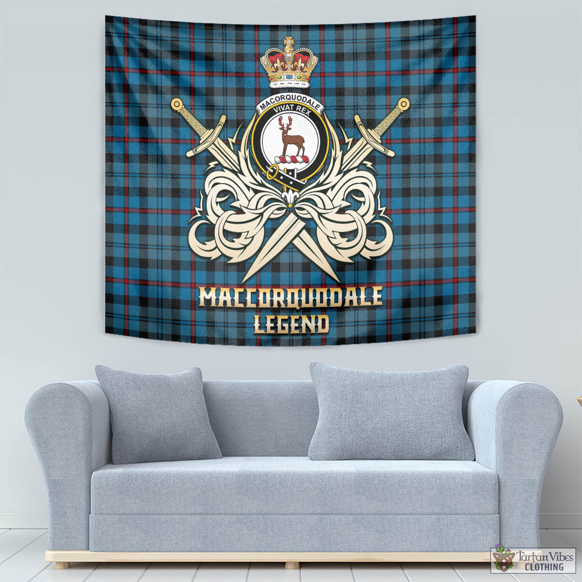 Tartan Vibes Clothing MacCorquodale Tartan Tapestry with Clan Crest and the Golden Sword of Courageous Legacy