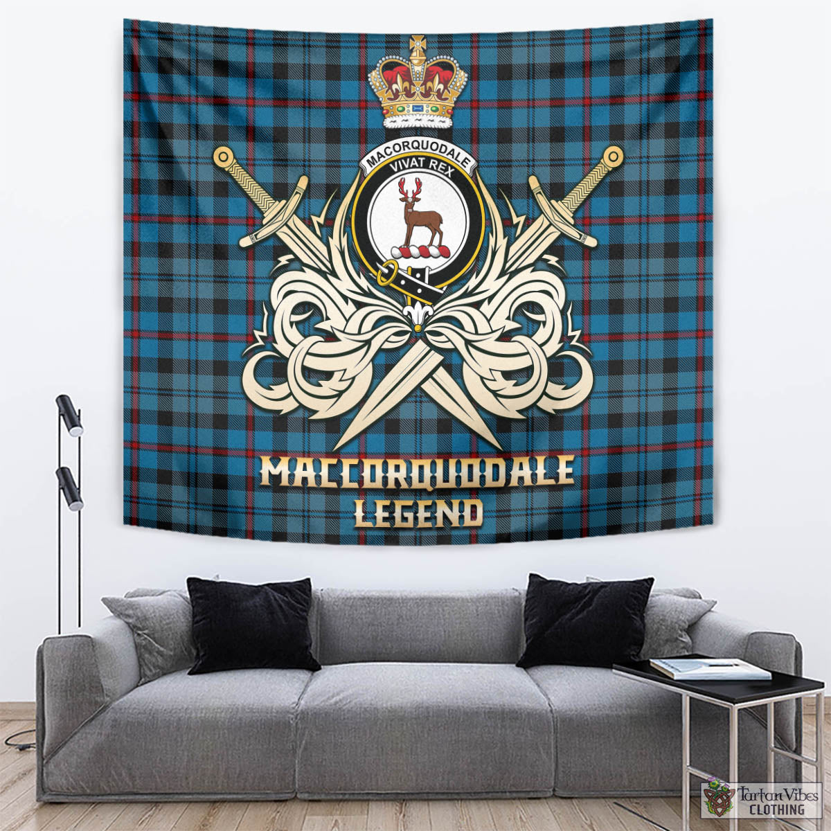 Tartan Vibes Clothing MacCorquodale Tartan Tapestry with Clan Crest and the Golden Sword of Courageous Legacy