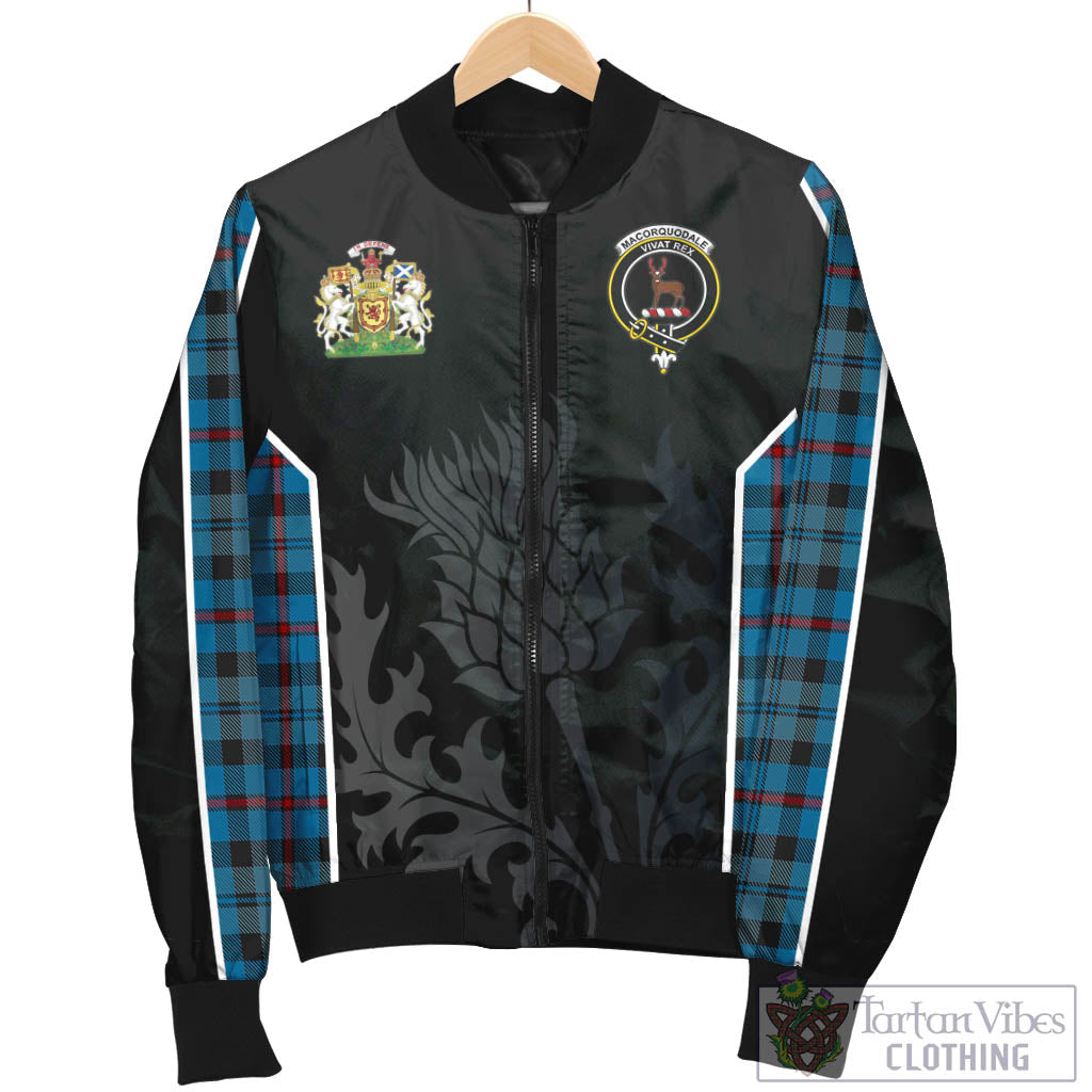 Tartan Vibes Clothing MacCorquodale Tartan Bomber Jacket with Family Crest and Scottish Thistle Vibes Sport Style