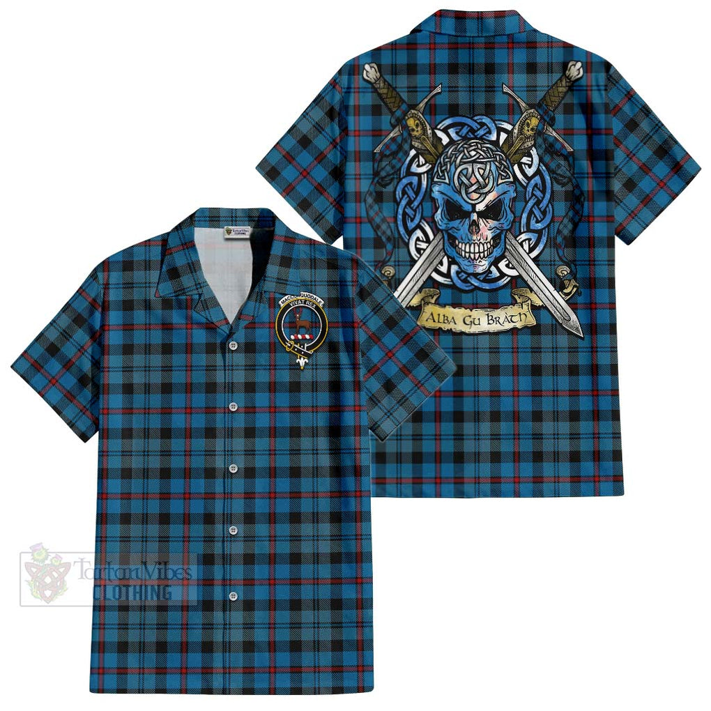 Tartan Vibes Clothing MacCorquodale (McCorquodale) Tartan Short Sleeve Button Shirt with Family Crest Celtic Skull Style