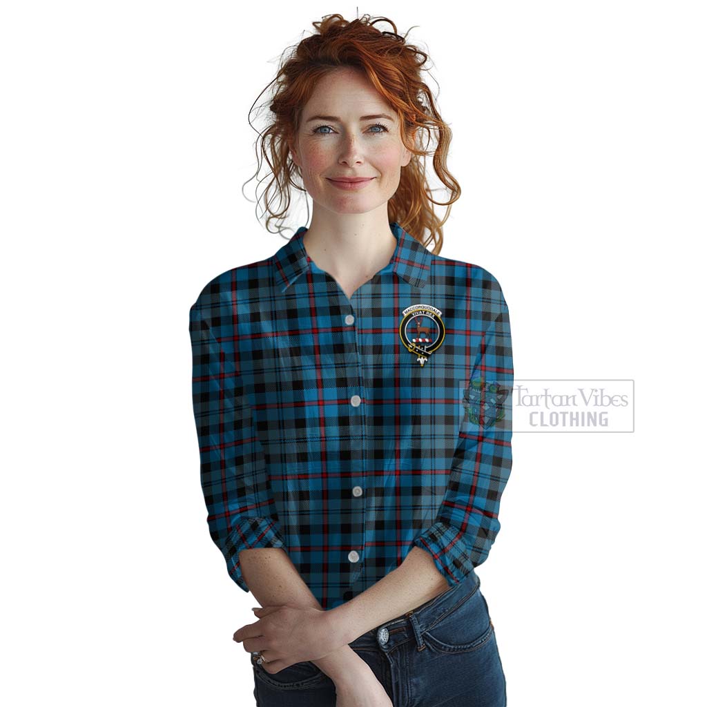 Tartan Vibes Clothing MacCorquodale (McCorquodale) Tartan Women's Casual Shirt with Family Crest and Bearded Skull Holding Bottles of Whiskey