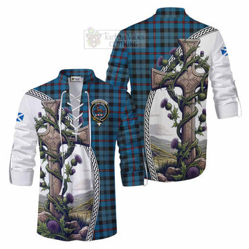 MacCorquodale (McCorquodale) Tartan Ghillie Kilt Shirt with Family Crest and St. Andrew's Cross Accented by Thistle Vines Men - Tartan Vibes Clothing