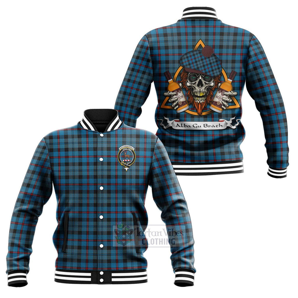 Tartan Vibes Clothing MacCorquodale (McCorquodale) Tartan Baseball Jacket with Family Crest and Bearded Skull Holding Bottles of Whiskey