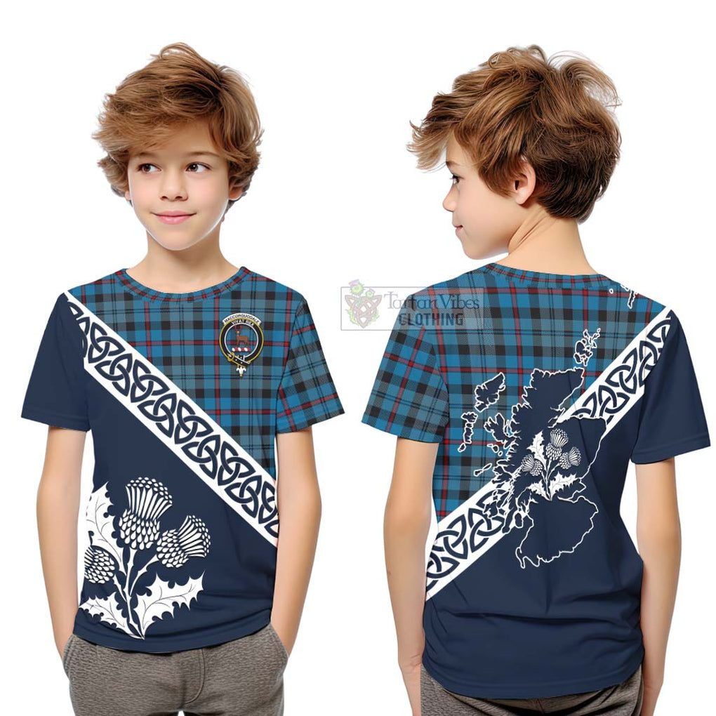 Tartan Vibes Clothing MacCorquodale (McCorquodale) Tartan Kid T-Shirt Featuring Thistle and Scotland Map