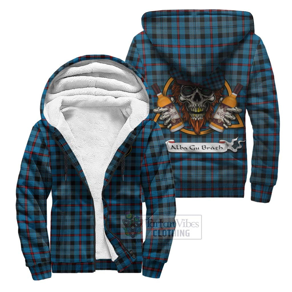 Tartan Vibes Clothing MacCorquodale (McCorquodale) Tartan Sherpa Hoodie with Family Crest and Bearded Skull Holding Bottles of Whiskey