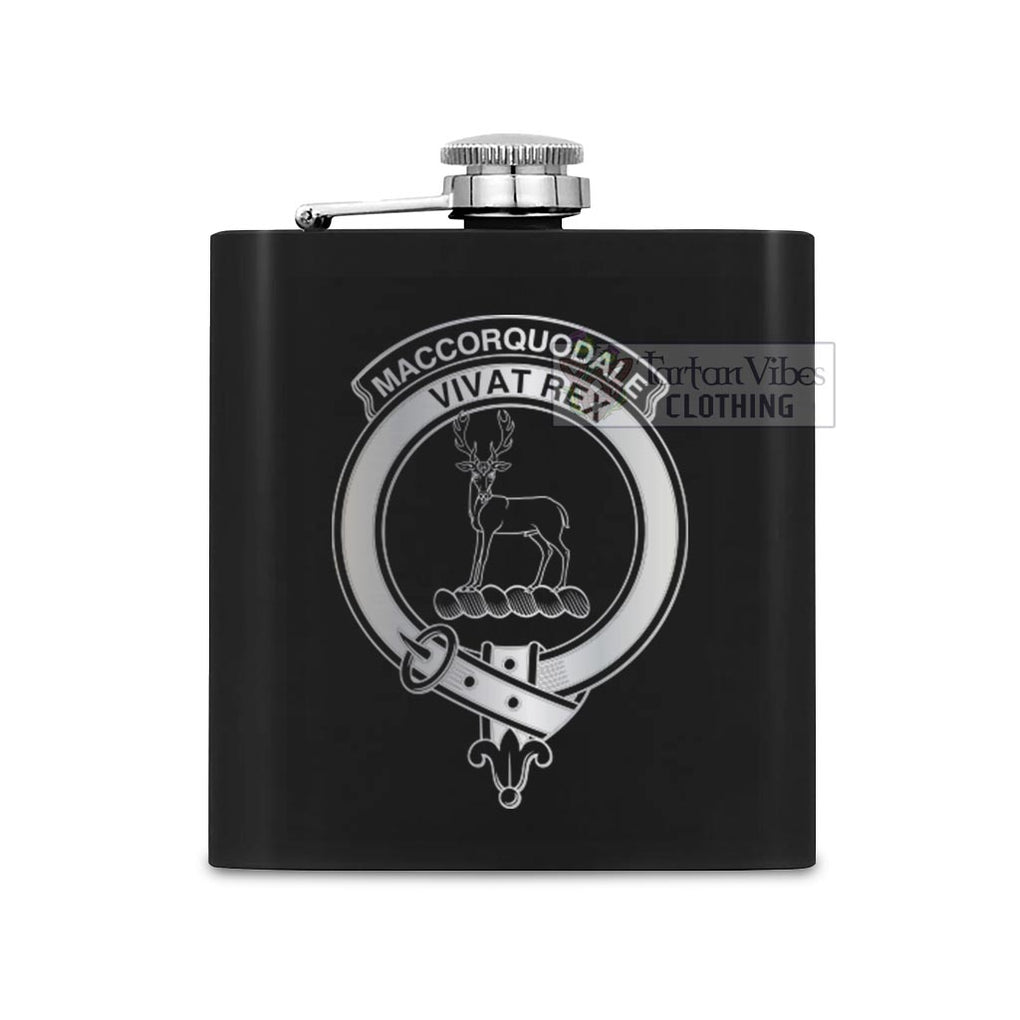 Tartan Vibes Clothing MacCorquodale (McCorquodale) Crest Hip Flask Set 7oz Black Stainless Steel with A Gift Box