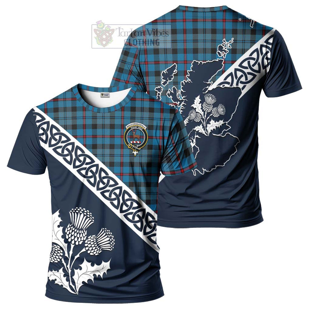 MacCorquodale (McCorquodale) Tartan T-Shirt Featuring Thistle and Scotland Map