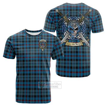 MacCorquodale (McCorquodale) Tartan Cotton T-shirt with Family Crest Celtic Skull Style