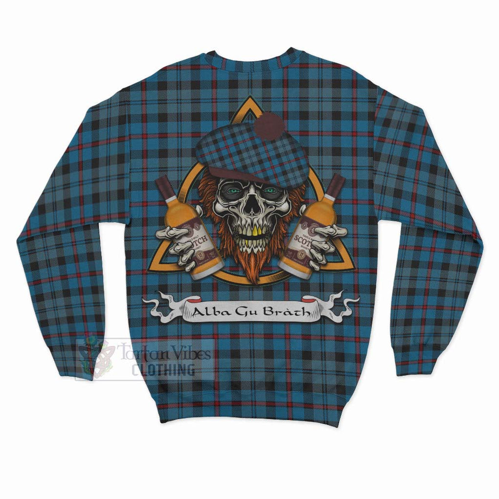 Tartan Vibes Clothing MacCorquodale (McCorquodale) Tartan Sweatshirt with Family Crest and Bearded Skull Holding Bottles of Whiskey