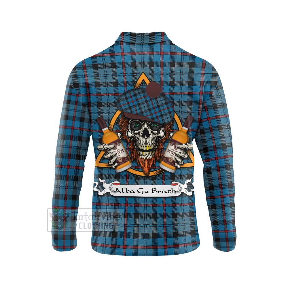 Tartan Vibes Clothing MacCorquodale (McCorquodale) Tartan Long Sleeve Polo Shirt with Family Crest and Bearded Skull Holding Bottles of Whiskey