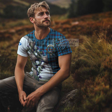 MacCorquodale (McCorquodale) Tartan T-Shirt with Family Crest and St. Andrew's Cross Accented by Thistle Vines