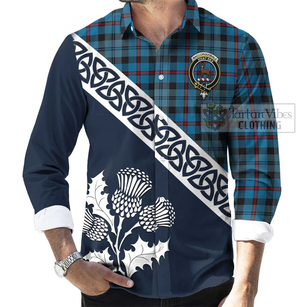 Tartan Vibes Clothing MacCorquodale (McCorquodale) Tartan Long Sleeve Button Shirt Featuring Thistle and Scotland Map