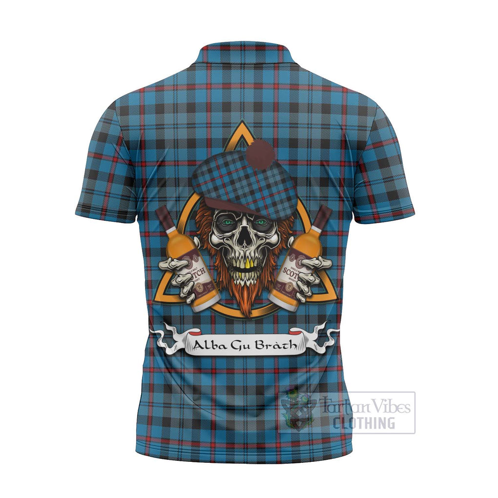 Tartan Vibes Clothing MacCorquodale (McCorquodale) Tartan Zipper Polo Shirt with Family Crest and Bearded Skull Holding Bottles of Whiskey