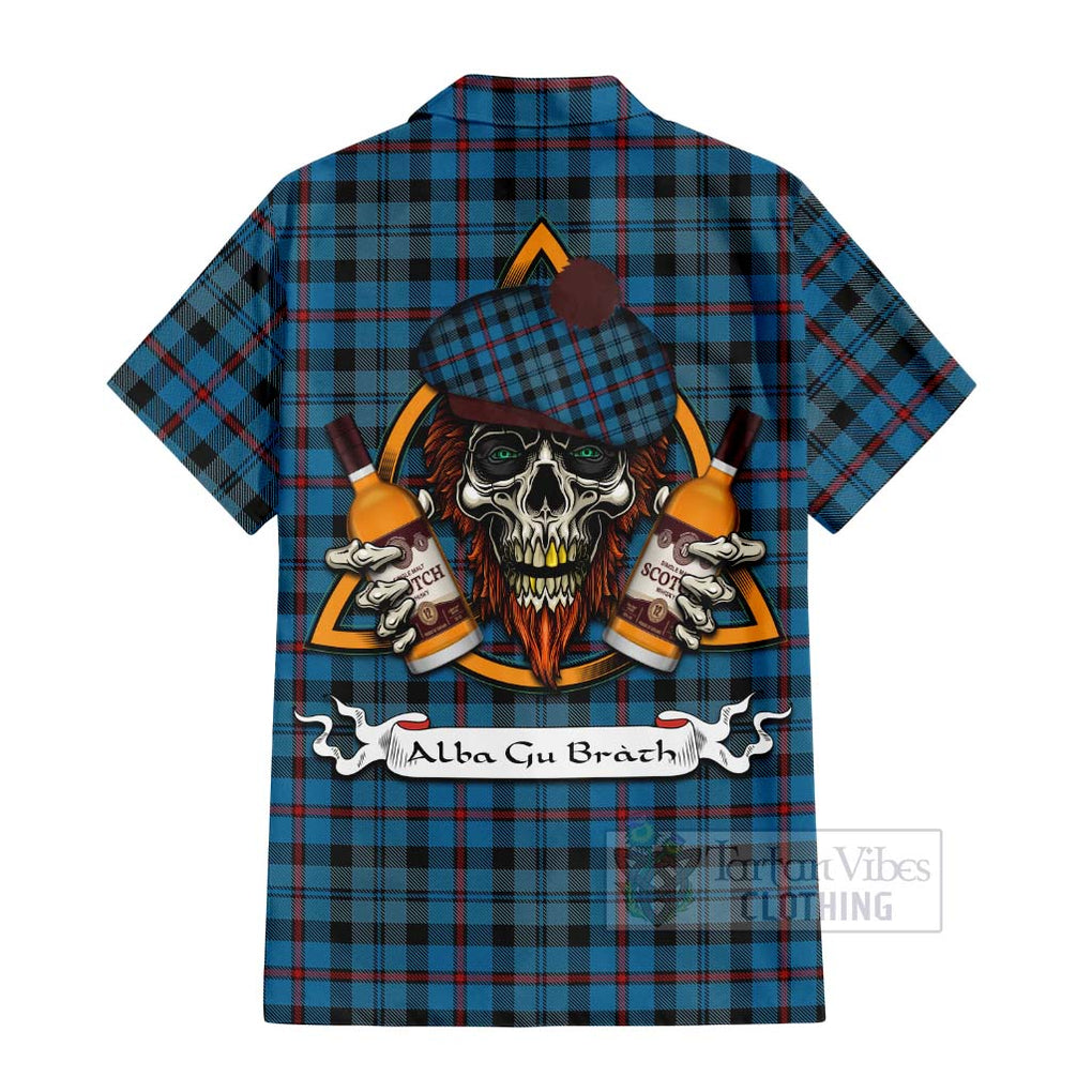 Tartan Vibes Clothing MacCorquodale (McCorquodale) Tartan Short Sleeve Button Shirt with Family Crest and Bearded Skull Holding Bottles of Whiskey