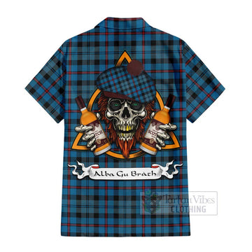 MacCorquodale (McCorquodale) Tartan Short Sleeve Button Shirt with Family Crest and Bearded Skull Holding Bottles of Whiskey