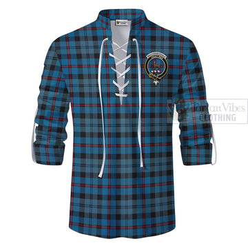 MacCorquodale (McCorquodale) Tartan Ghillie Kilt Shirt with Family Crest and Bearded Skull Holding Bottles of Whiskey