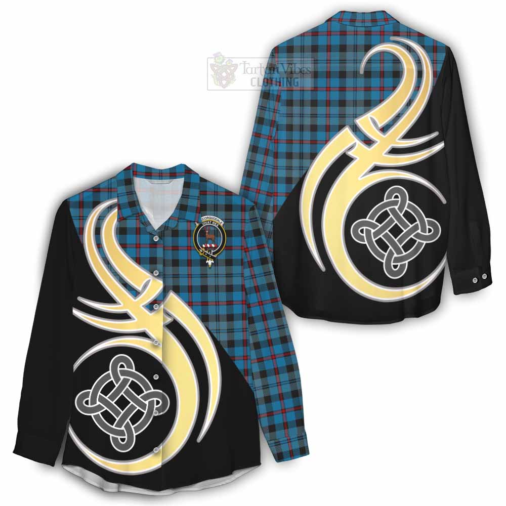 Tartan Vibes Clothing MacCorquodale (McCorquodale) Tartan Women's Casual Shirt with Family Crest and Celtic Symbol Style