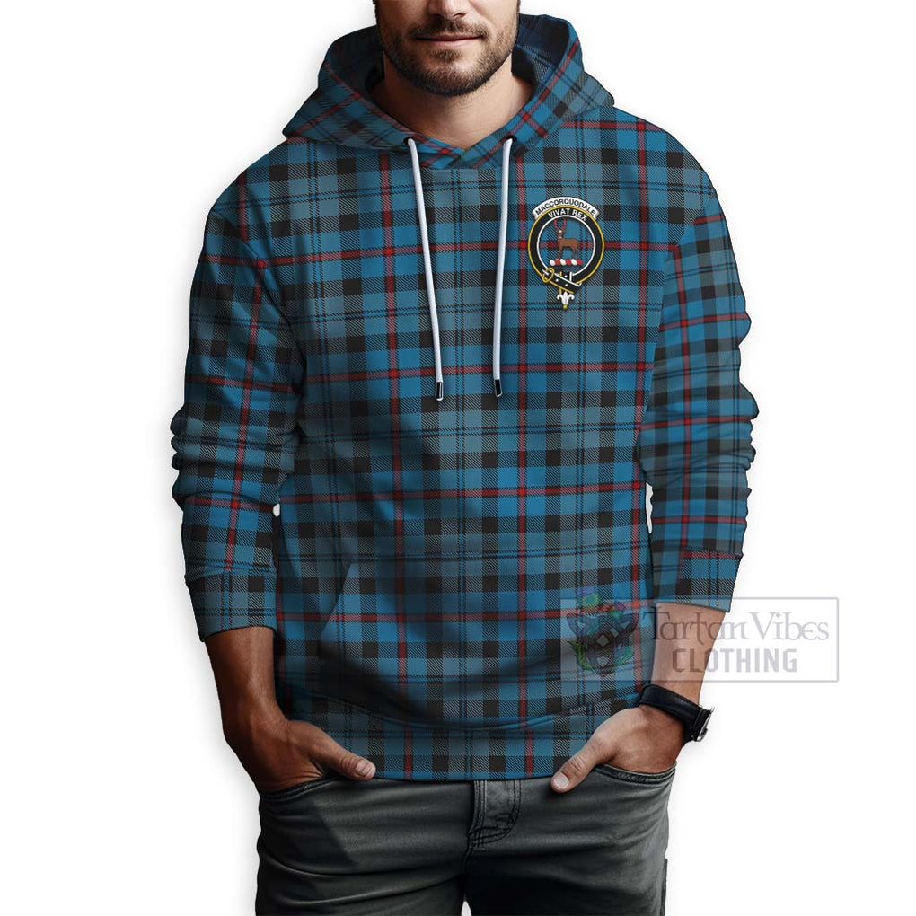 Tartan Vibes Clothing MacCorquodale (McCorquodale) Tartan Hoodie with Family Crest and Bearded Skull Holding Bottles of Whiskey