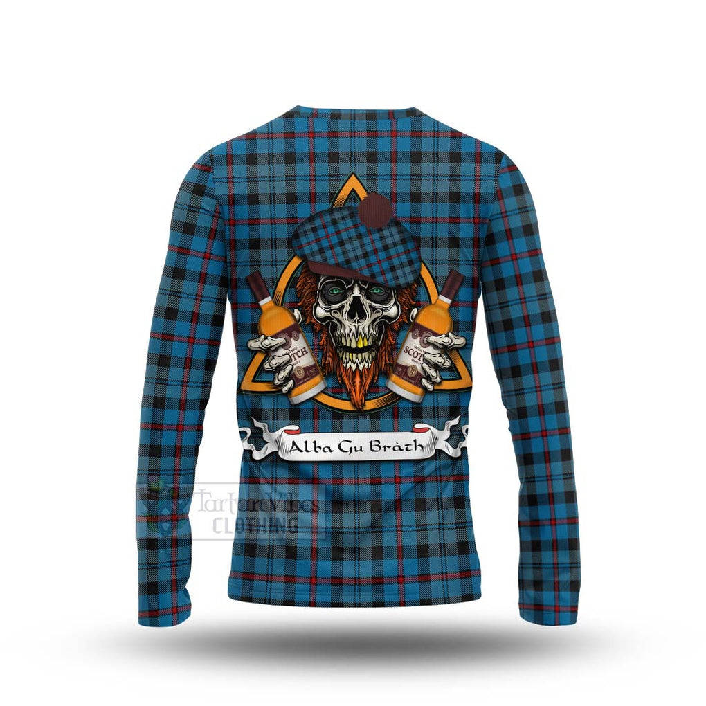 Tartan Vibes Clothing MacCorquodale (McCorquodale) Tartan Long Sleeve T-Shirt with Family Crest and Bearded Skull Holding Bottles of Whiskey