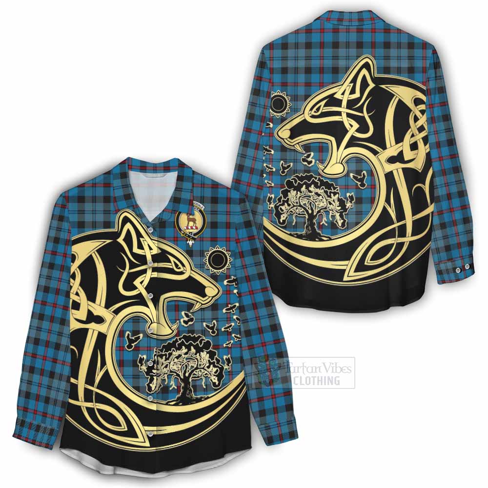 Tartan Vibes Clothing MacCorquodale (McCorquodale) Tartan Women's Casual Shirt with Family Crest Celtic Wolf Style