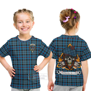 MacCorquodale (McCorquodale) Tartan Kid T-Shirt with Family Crest and Bearded Skull Holding Bottles of Whiskey