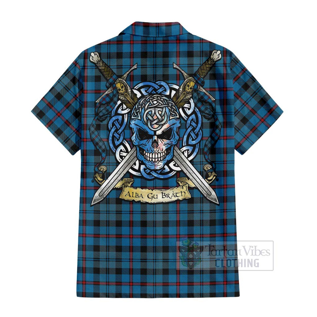 Tartan Vibes Clothing MacCorquodale (McCorquodale) Tartan Short Sleeve Button Shirt with Family Crest Celtic Skull Style