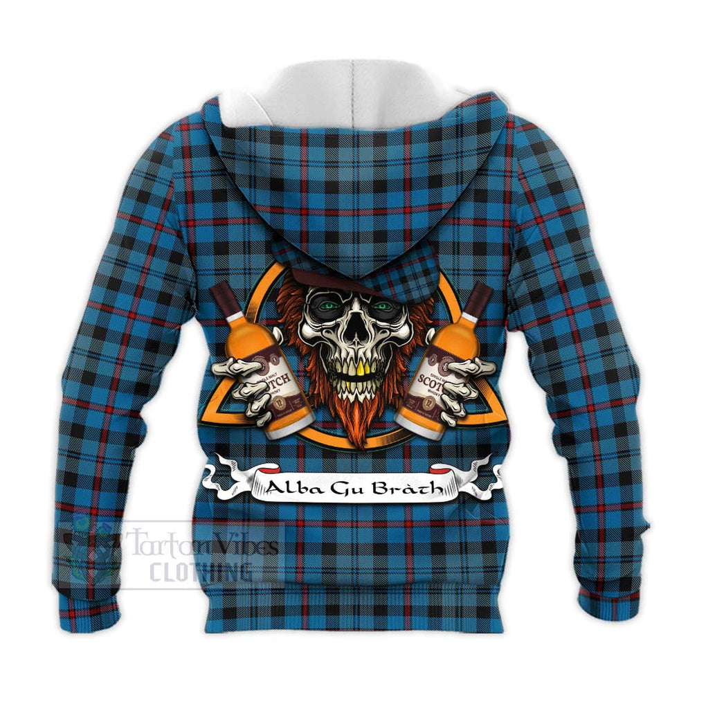 Tartan Vibes Clothing MacCorquodale (McCorquodale) Tartan Knitted Hoodie with Family Crest and Bearded Skull Holding Bottles of Whiskey