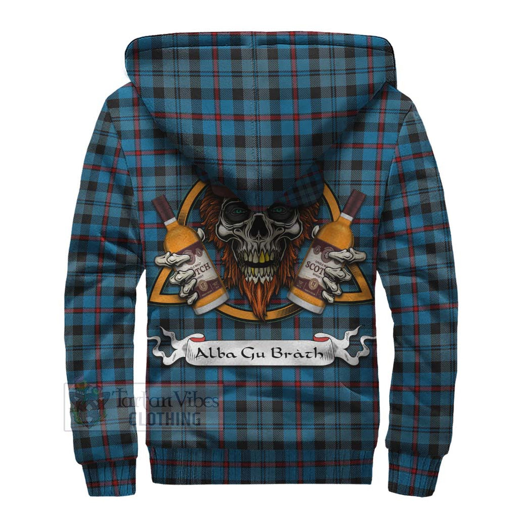 Tartan Vibes Clothing MacCorquodale (McCorquodale) Tartan Sherpa Hoodie with Family Crest and Bearded Skull Holding Bottles of Whiskey