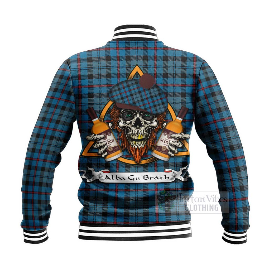 Tartan Vibes Clothing MacCorquodale (McCorquodale) Tartan Baseball Jacket with Family Crest and Bearded Skull Holding Bottles of Whiskey