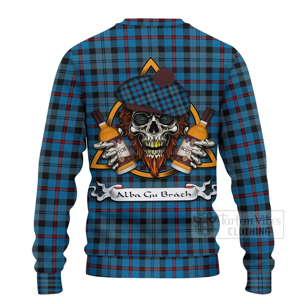 Tartan Vibes Clothing MacCorquodale (McCorquodale) Tartan Knitted Sweater with Family Crest and Bearded Skull Holding Bottles of Whiskey