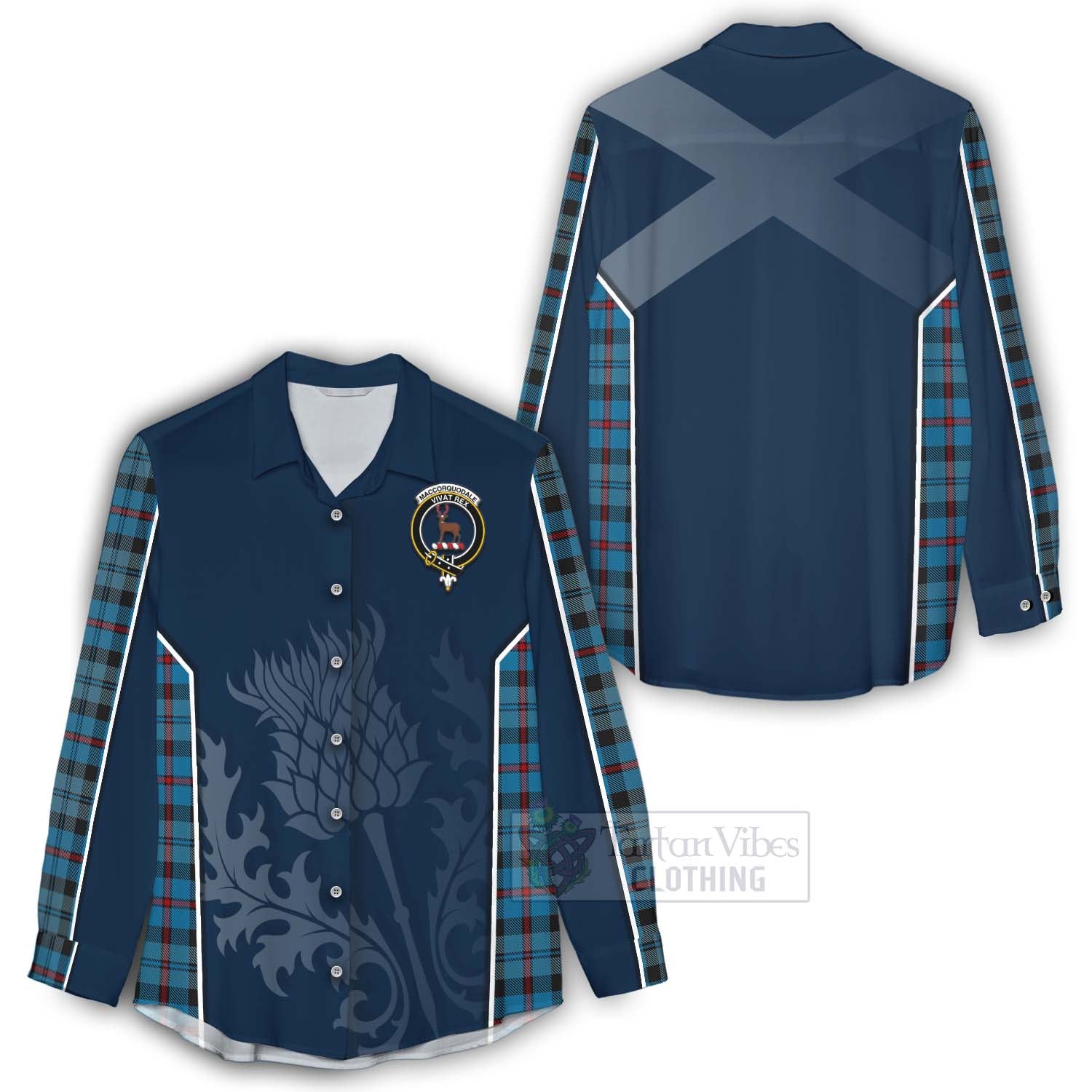 Tartan Vibes Clothing MacCorquodale (McCorquodale) Tartan Women's Casual Shirt with Family Crest and Scottish Thistle Vibes Sport Style