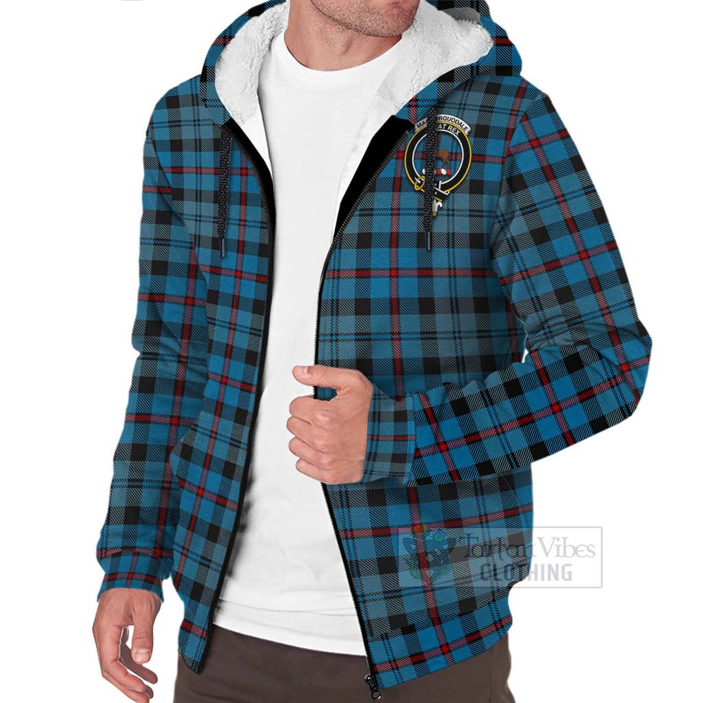 Tartan Vibes Clothing MacCorquodale (McCorquodale) Tartan Sherpa Hoodie with Family Crest and Bearded Skull Holding Bottles of Whiskey