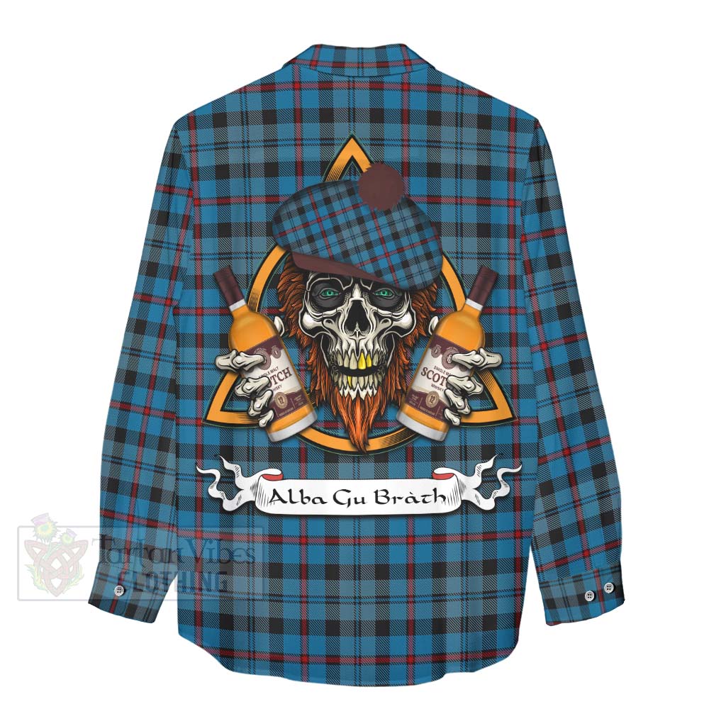 Tartan Vibes Clothing MacCorquodale (McCorquodale) Tartan Women's Casual Shirt with Family Crest and Bearded Skull Holding Bottles of Whiskey