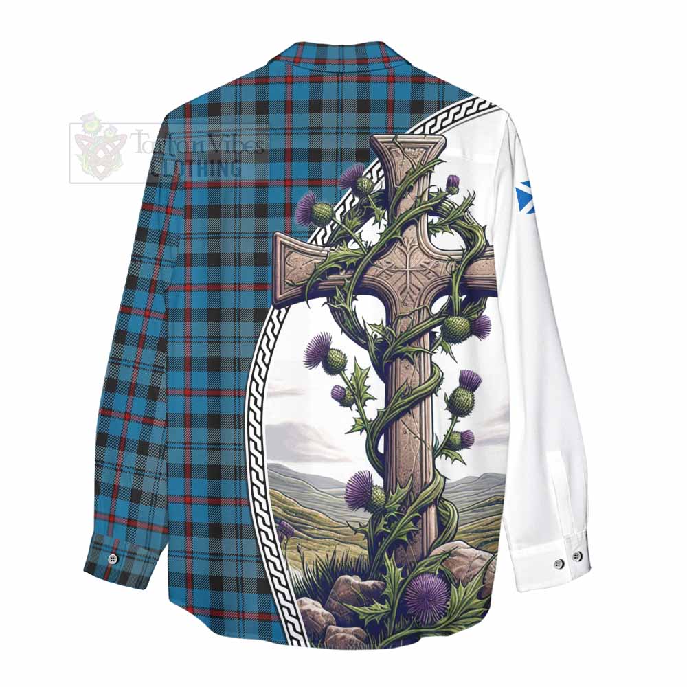 Tartan Vibes Clothing MacCorquodale (McCorquodale) Tartan Women's Casual Shirt with Family Crest and St. Andrew's Cross Accented by Thistle Vines