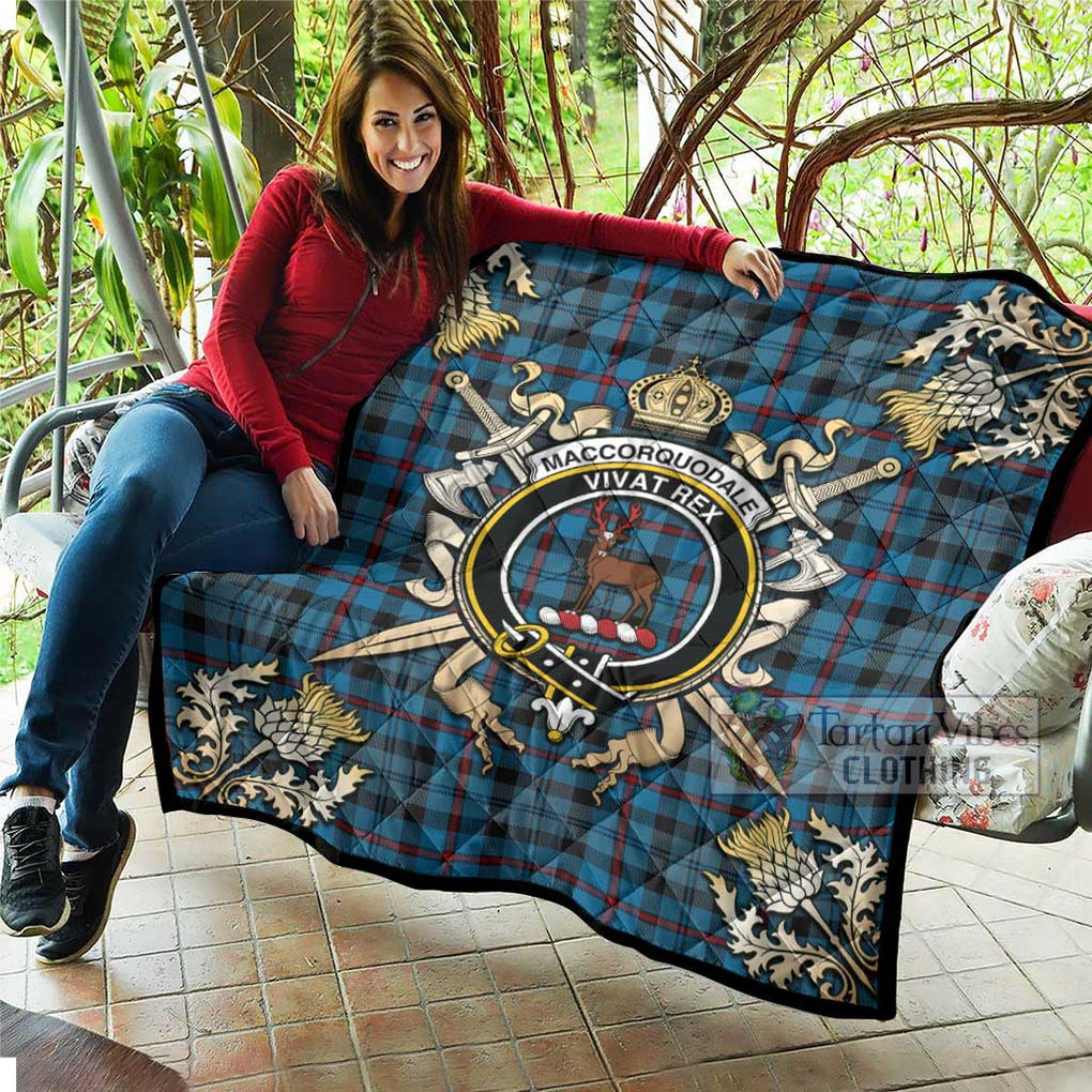 Tartan Vibes Clothing MacCorquodale (McCorquodale) Tartan Quilt with Family Crest and Scottish Golden Courage Shield