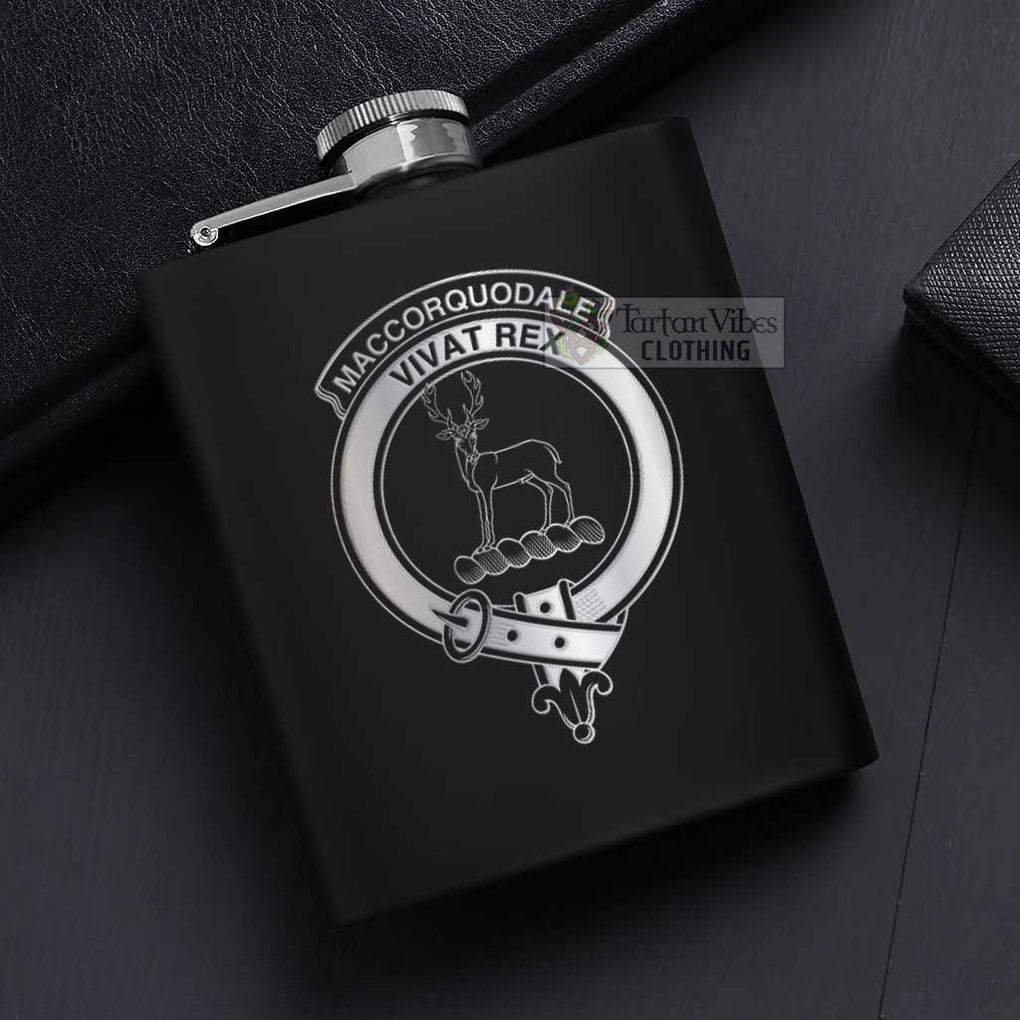 Tartan Vibes Clothing MacCorquodale (McCorquodale) Crest Hip Flask Set 7oz Black Stainless Steel with A Gift Box