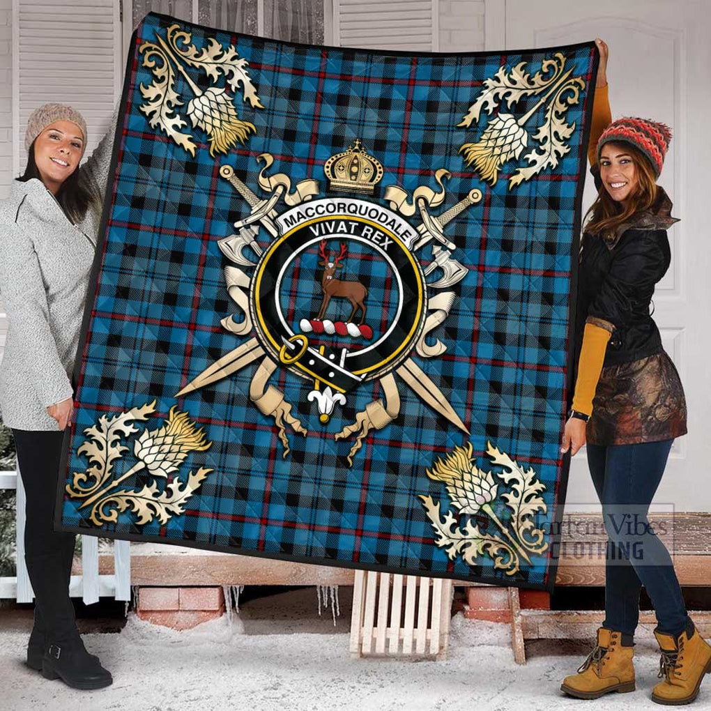 Tartan Vibes Clothing MacCorquodale (McCorquodale) Tartan Quilt with Family Crest and Scottish Golden Courage Shield