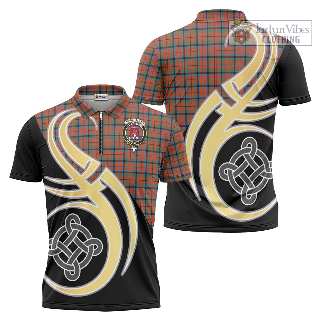 Tartan Vibes Clothing MacCracken Ancient Tartan Zipper Polo Shirt with Family Crest and Celtic Symbol Style