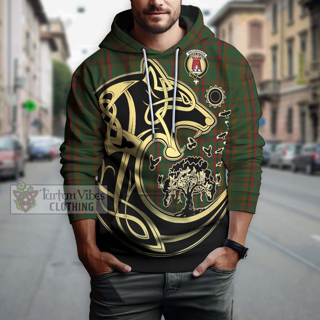 Tartan Vibes Clothing MacCracken Hunting Tartan Hoodie with Family Crest Celtic Wolf Style