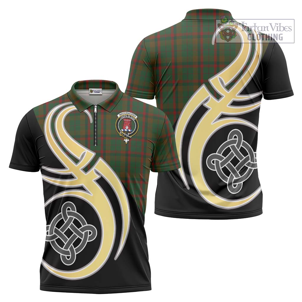 Tartan Vibes Clothing MacCracken Hunting Tartan Zipper Polo Shirt with Family Crest and Celtic Symbol Style