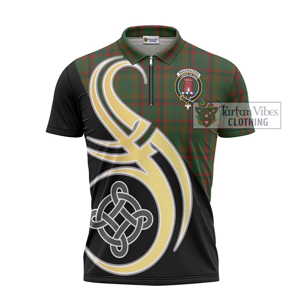 Tartan Vibes Clothing MacCracken Hunting Tartan Zipper Polo Shirt with Family Crest and Celtic Symbol Style